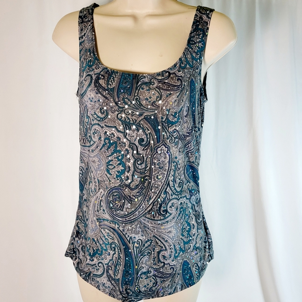 Beechers Brook Paisley Stretch Tank Top – Women's Medium – Blue & Gray – Stretch